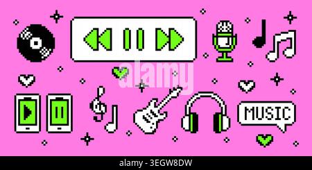 Pixel art music icons set isolated on pink background. Vector set of 8-bit computer symbols for radio or media player software ui, retro 90s headphones, guitar, notes, heart and cd designs Stock Vector