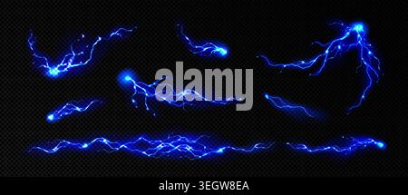 Blue lightning bolts set isolated on transparent background. Vector realistic illustration of electric energy strikes, thunder storm design elements, magic power effect overlay, stormy sky pattern Stock Vector