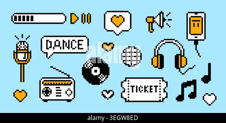 Pixel art music icons set isolated on blue background. Vector set of 8-bit computer symbols for radio or media player software ui, retro 90s disco ball, speaker and headphones, notes, cd and ticket Stock Vector