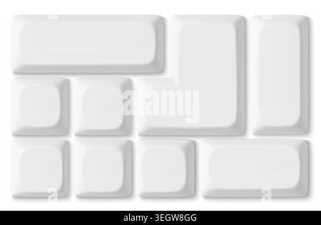 Modern 3D keyboard buttons set isolated on background. Vector realistic illustration of white keycaps top view, personal computer control mock up, pc hardware, desktop design elements Stock Vector