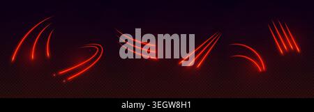 High speed light trails with dynamic motion effect and red neon beams and sparkling rays, abstract vector set isolated on transparent background. Glowing realistic arrows for modern tech design Stock Vector