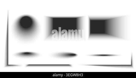 3d realistic shadow effects collection with soft blur overlay, abstract vector set isolated on white background. Mockup pack of drop shadows, circles, and gradient shapes for modern design Stock Vector