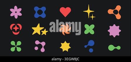 Abstract bauhaus shapes set isolated on black background. Vector realistic illustration of colorful symbols for retro poster design, brutalist bold flower, heart, star, metaball icons, groovy elements Stock Vector