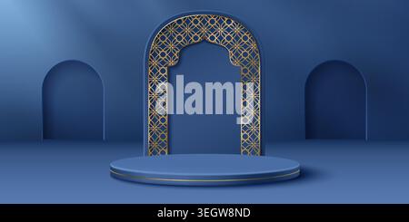 Elegant blue Ramadan podium with arch door, islamic ornament pattern, realistic vector background. 3d premium round display for Eid Mubarak product presentation, luxury Arabian festive backdrop design Stock Vector