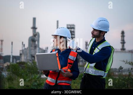 Male and female engineers inspect work using computers and radio communication in an oil refinery industrial plant area Stock Photo