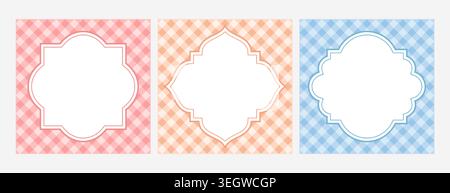 Arabic muslim frames vector set on vichy check seamless background. Empty border template design for tablecloth textile, picnic blanket. Gingham checkered geometric islamic windows in oriental style Stock Vector