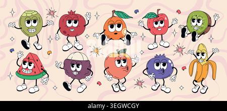 Vector set of groovy hippie berry and tropical fruit characters in retro style. Cartoon cute summer food stickers, funky comic doodle apple, banana, kiwi, watermelon, orange, coconut with funny faces Stock Vector