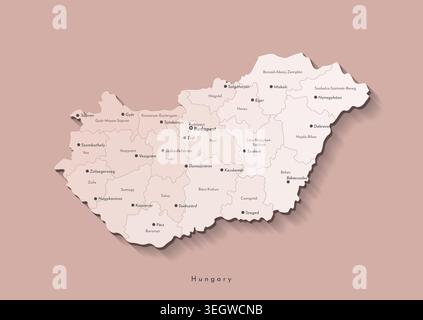 Vector isolated illustration. Simplified administrative map of Hungary in beige colors. Names of hungarian cities and counties. Brown background Stock Vector