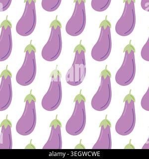 Eggplant seamless pattern with cute flat aubergine vegetables on white background for kitchen textile and food packaging Stock Vector