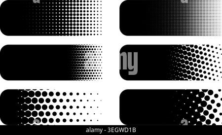 Six rounded rectangle black banners with geometric dot pattern fade isolated on white Stock Vector