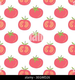 Tomato seamless pattern with cute hand drawn whole and cut vegetable slices on white background for kitchen textile and packaging Stock Vector