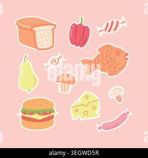 Cute food sticker set with hand drawn doodle icons on pink background for cafe menu and scrapbook design Stock Vector
