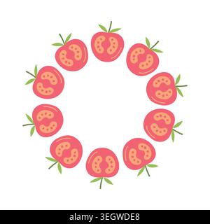 Tomato circle frame with cute hand drawn vegetable halves on white background for menu and packaging design Stock Vector