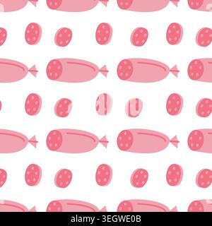 Sausage seamless pattern with cute doodle salami slices on white background for butcher shop kitchen textile and packaging Stock Vector