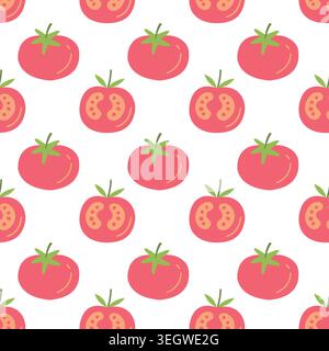 Tomato seamless pattern with cute hand drawn whole and cut vegetable slices on white background for kitchen textile and packaging Stock Vector
