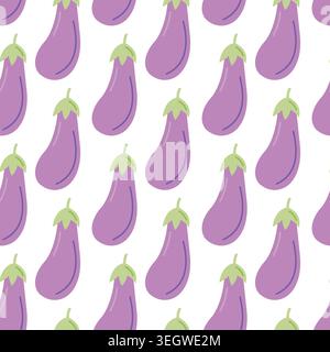 Cute eggplant and aubergine seamless pattern in a flat doodle style on an isolated white background. Ideal for organic food packaging, kitchen textile Stock Vector