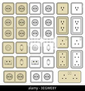 Electrical wall sockets, light switches, and internet outlets vector set isolated on white background Stock Vector
