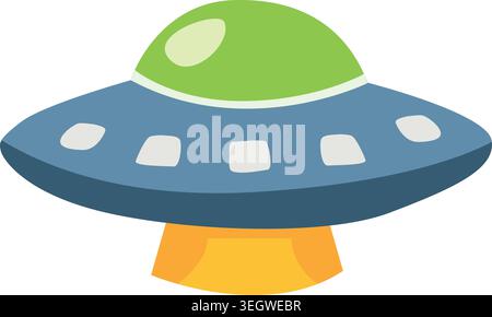 flat vector illustration of a classic flying saucer UFO. The spaceship features a blue metallic hull, a bright green dome, white square windows, and a Stock Vector