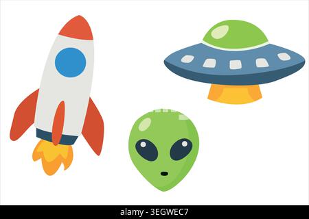 set containing three isolated elements: a classic green alien head, a red and white rocket ship launching, and a blue flying saucer UFO. Stock Vector