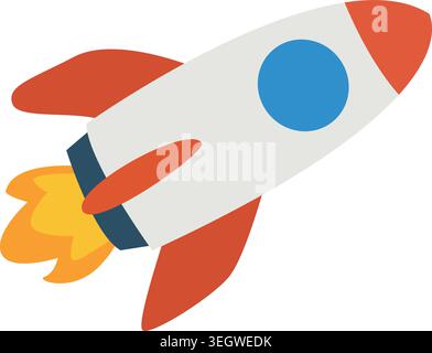 classic space rocket launching. The spaceship has a white body, red fins and nose cone, a blue circular window, and bright yellow and orange exhaust Stock Vector