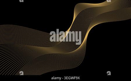 Elegant golden flowing wave lines pattern over a dark black background vector layout Stock Vector