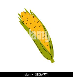 Corn on cob with leaves. Isolated flat vector illustration for harvest season, farm market, healthy eating, summer barbecue. Stock Vector