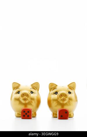 Two golden piggy banks with dice on a white background. Stock Photo