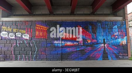 Colourful “You Are Not Alone” community mural highlighting mental health awareness near Warrington Central railway station, Winwick St, WA2 7TT Stock Photo