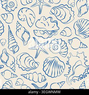 Hand-drawn seamless pattern of seashells in line doodle style for wedding, event decor, menu, summer seaside vacation projects Stock Vector