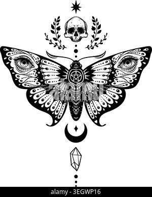 Highly detailed black and white vector illustration of a mystical moth with human eyes in the wings. The composition includes a skull with laurel bran Stock Vector