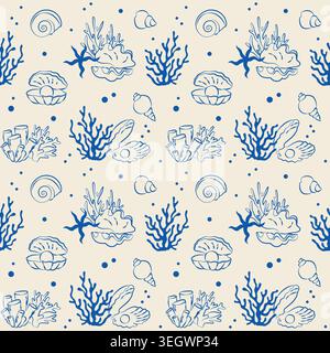 Hand-drawn seamless pattern of seashells and corals in line art for wedding, event decor, menu, summer seaside vacation projects Stock Vector