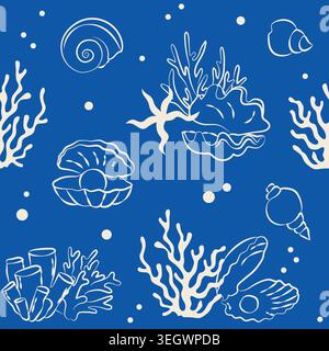 Hand-drawn seamless pattern of seashells and corals in line art for wedding, event decor, menu, summer seaside vacation designs Stock Vector