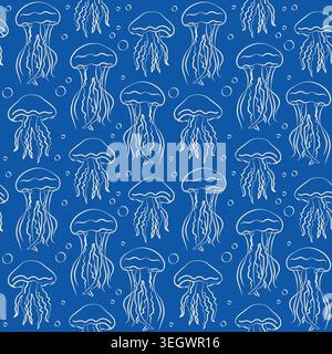Hand-drawn seamless pattern of jellyfish and bubbles on blue background for event decor, menu, summer seaside vacation projects Stock Vector