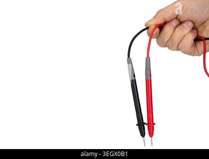 Hand Holding Multimeter Probes Isolated On White Stock Photo