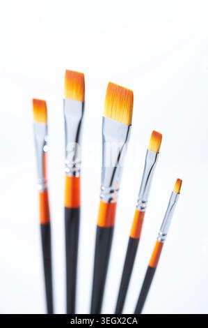 A set of fine-tipped, paintbrushes in various sizes, arranged in a line, on a white background. Stock Photo