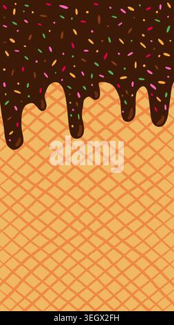 Melting chocolate vector ice cream with sugar sprinkles and waffle cone pattern, vertical summer background for product and package design Stock Vector