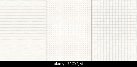 Hand drawn notebook paper seamless vector pattern set, Cream beige organic lined, dot grid and squares check background for journaling, back to school Stock Vector