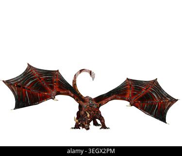 Hellborn fantasy dragon standing with wings spread and mouth open to breathe fire. 3D illustration isolated on a white background. Stock Photo