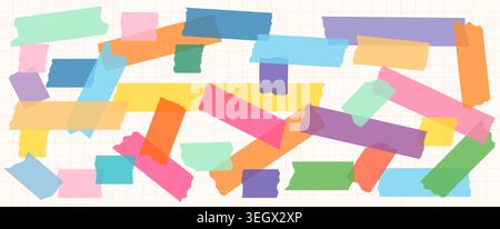 Colorful washi tape strips vector sticker set, Cute transparent paper masking tape collection for kids designs, scrapbooking, journaling and planner d Stock Vector