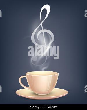 Coffee cup with steam shaped like treble clef Stock Vector