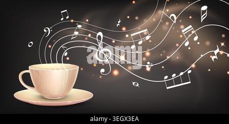 Coffee cup with musical steam on dark background Stock Vector