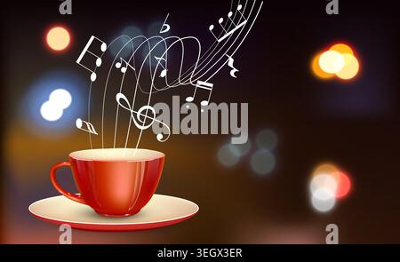 Red coffee mug with musical notes and bokeh lights Stock Vector