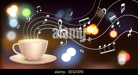 Coffee mug with musical notes and bokeh lights Stock Vector