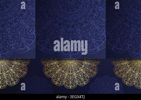 A decorative Islamic background in gold and blue, adorned with elaborate patterns that highlight traditional artistic elements Stock Vector