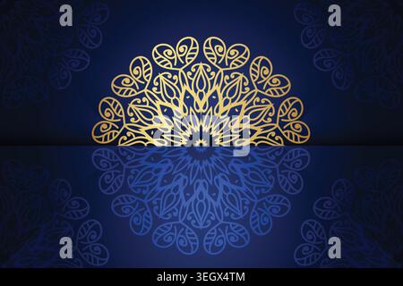 A blue and gold ornate mandala design featuring a sunflower is displayed on a black background Stock Vector