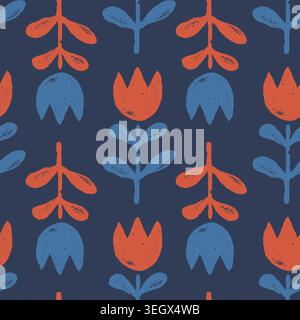 Vector vintage floral seamless pattern in scandinavian folk style. Retro seamless pattern with grunge tulip flowers Stock Vector
