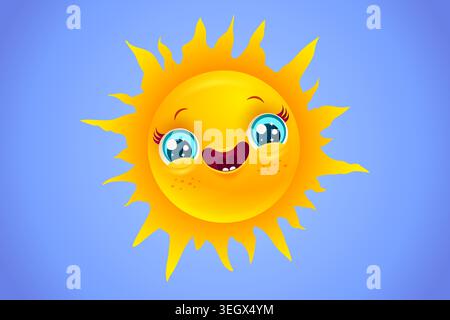 Vector icon of sun. Vector illustration of sun in kawaii style. Stock Vector