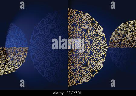 Vibrant Mandala Design with Concentric Circles in Yellow Blue and Gold on Dark Canvas Stock Vector