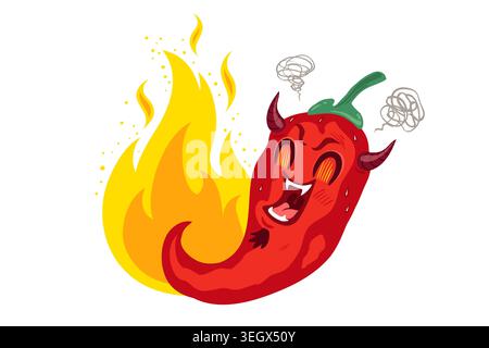 Vector illustration of a spicy chilli pepper with flame. Cartoon of red devil chilli for Mexican or Thai food. Spicy chili pepper. Stock Vector