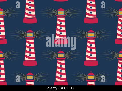 Vector seamless pattern of lighthouse in retro style. Marine pattern of lighthouses. Stock Vector